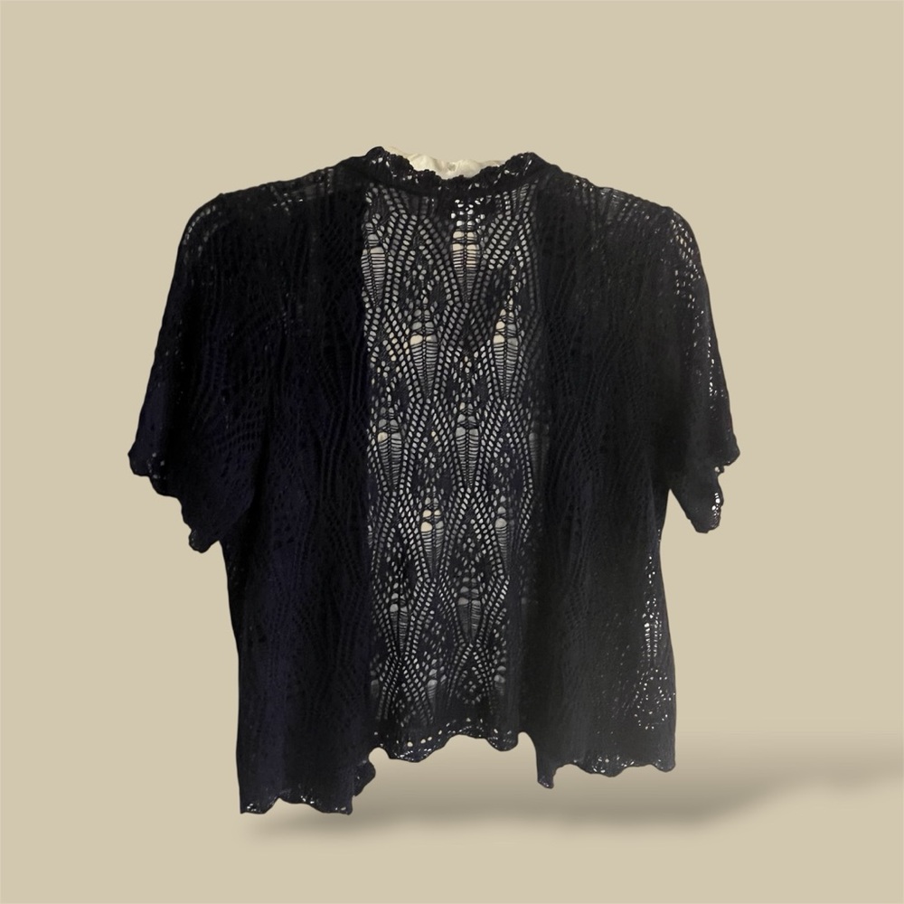 Two-One-Two New York Crocheted See-Thru Deep Navy-Blue Mini Sweater-Jacket New - Picture 5 of 8